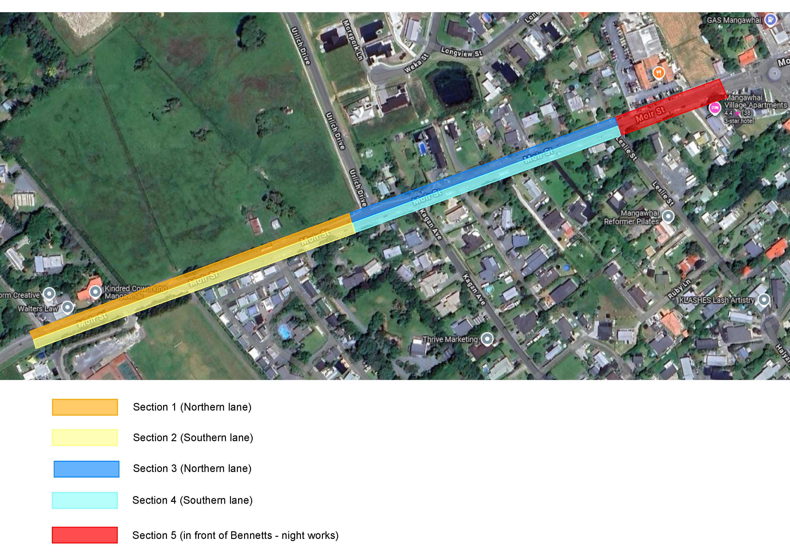 A map of Moir Street showing the 5 planned work sections.